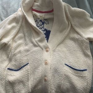 Anthropologie White and Blue Shawl Collar Cardigan